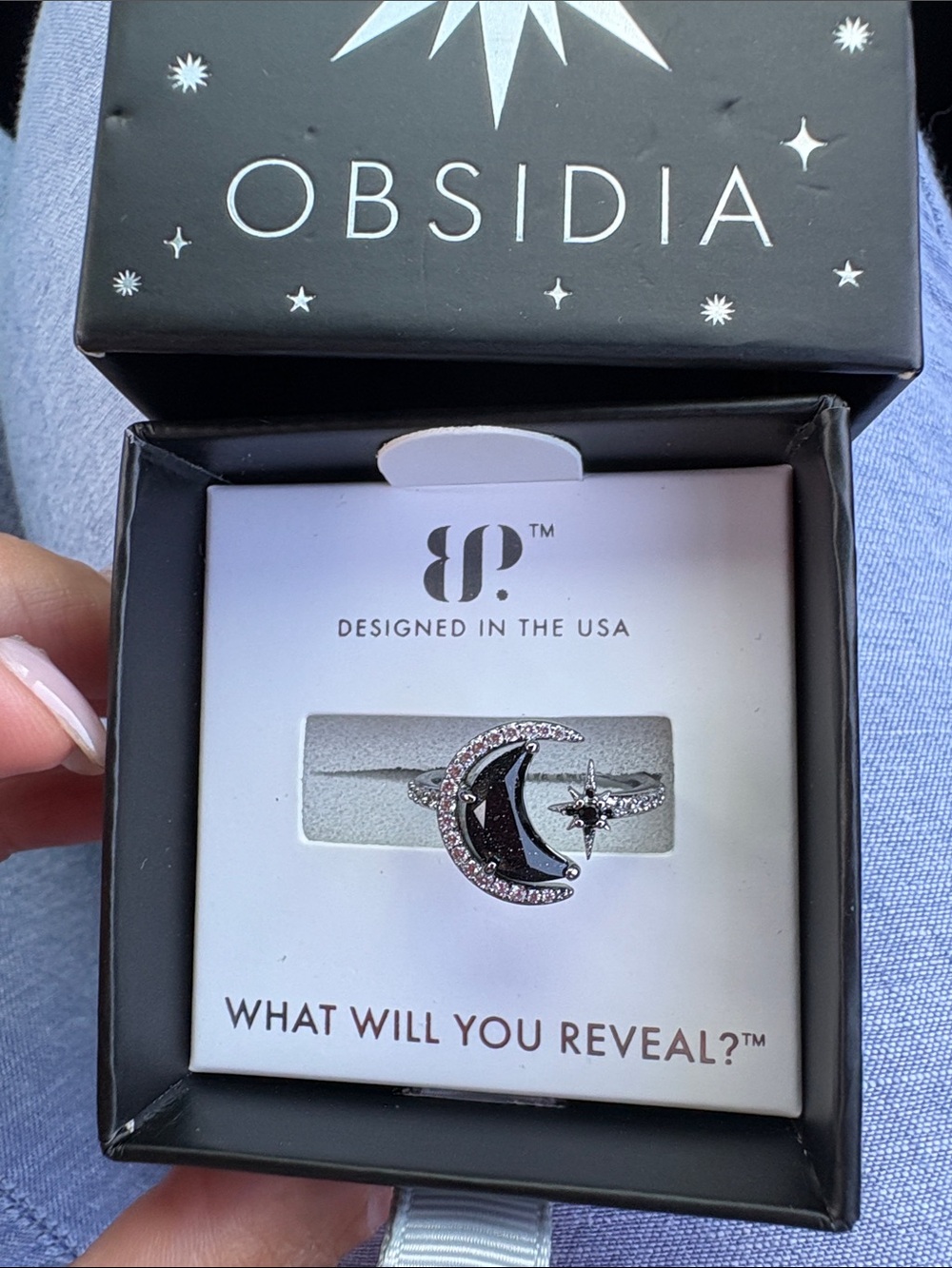 Obsidia Crescent Moon & Star Ring - Black and Silver
